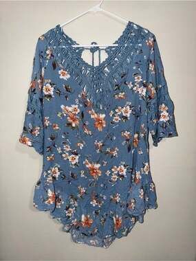 Ekouaer Women’s Large Blue Floral Crochet Trim Boho Mini Dress